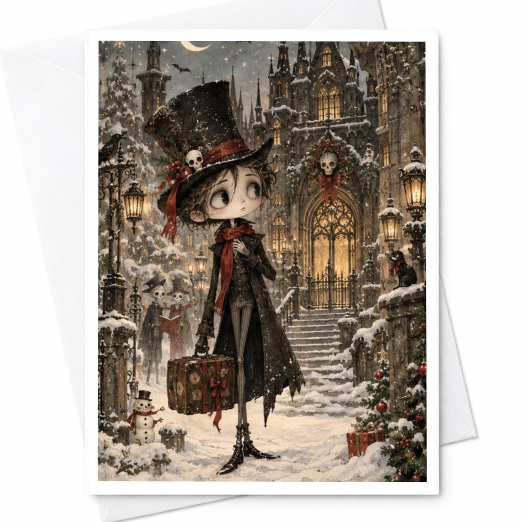 Victorian Winter Scene Greeting Card Gothic Holiday Card For Him Christmas Card Vintage Style Snowy Illustration Blank Card C7874