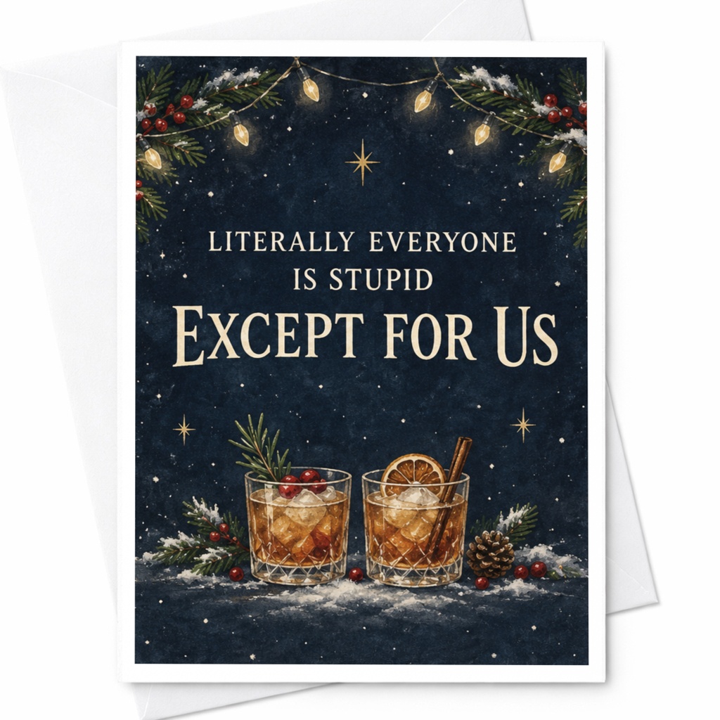 Literally Everyone Is Stupid Except For Us Funny Christmas Card Holiday For Couple Festive Drinks Greeting Card C7876