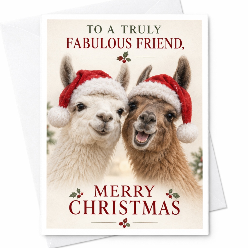 To A Truly Fabulous Friend, Merry Christmas Llama Christmas Card Funny Holiday Greeting For Friend Cute Animal Card C7883