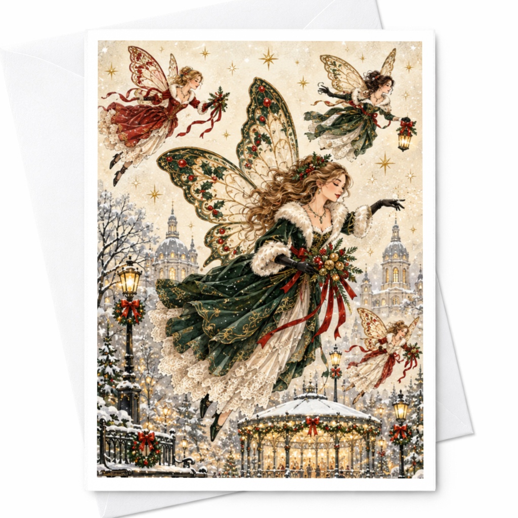 Fairy Winter Scene Christmas Card Enchanting Holiday Greeting Card For Her Magical Festive Card With Fairies And Snow C7890