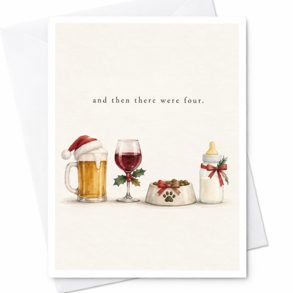 And Then There Were Four. Christmas Card Family Announcement Holiday Greeting Card New Baby Pet Parents Cute Festive Card C7897