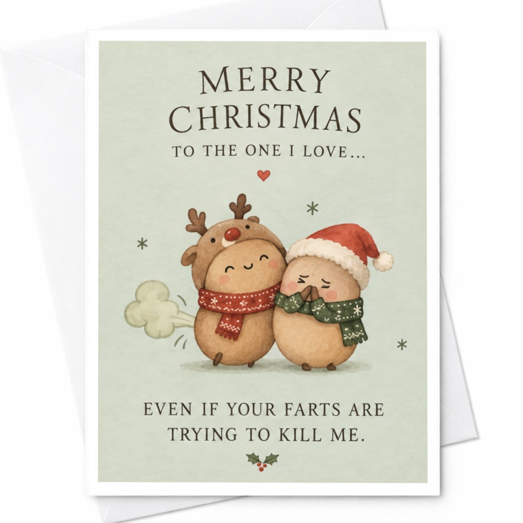 Merry Christmas To The One I Love... Even If Your Farts Are Trying To Kill Me. Funny Christmas Card Cute Reindeer Snowman Couple H C7902