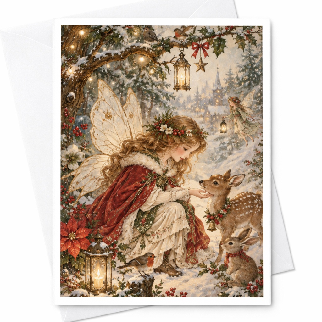 Fairy Winter Scene Christmas Card Enchanting Holiday Greeting Card Woodland Animals For Her Magical Festive Card C7903