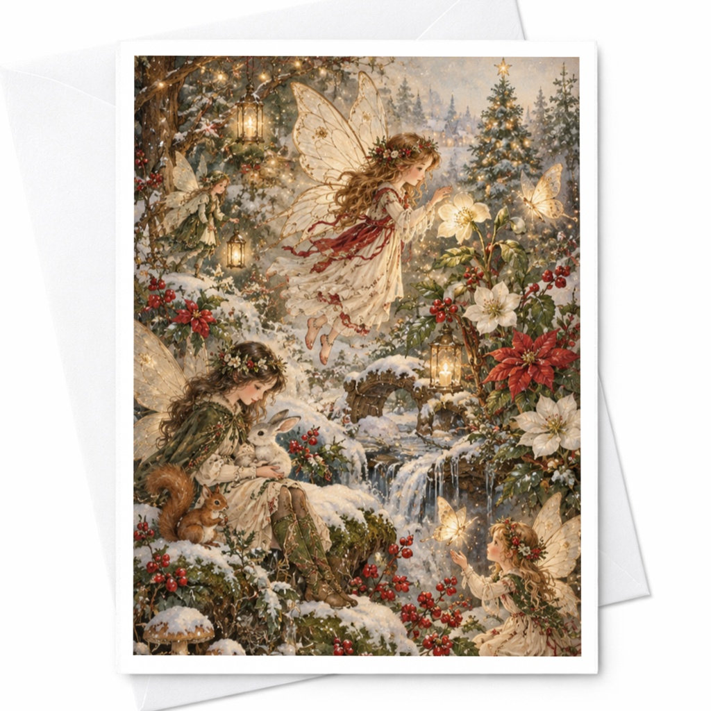 Fairy Winter Scene Christmas Card Enchanted Forest Greeting Card Magical Holiday Card For Her Whimsical Fairyland Art C7904