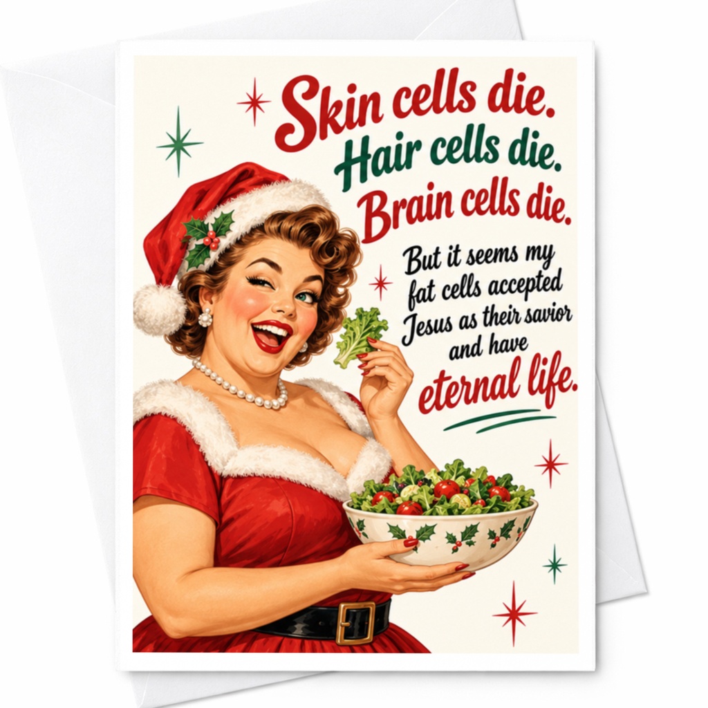 Skin Cells Die Hair Cells Die Funny Christmas Card Retro Woman With Salad Holiday Greeting Card For Friends C7851