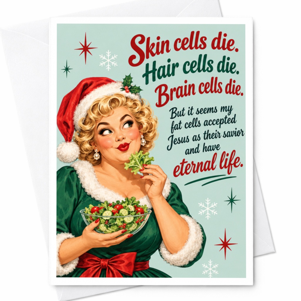 Skin Cells Die Hair Cells Die Funny Christmas Card Retro Woman With Salad Holiday Greeting Card For Friends C7852