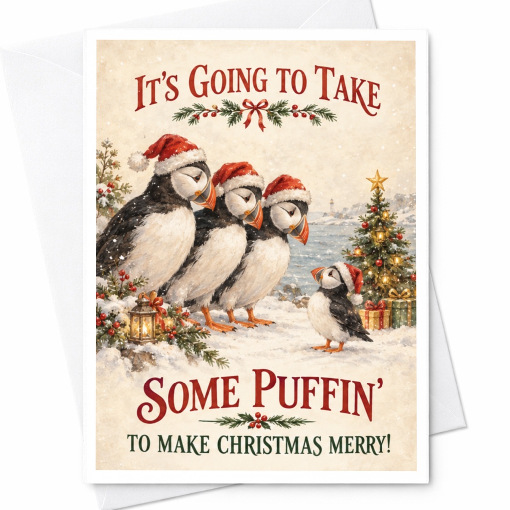 It's Going To Take Some Puffin' To Make Christmas Merry! Funny Christmas Card Puffins Santa Hats Cute Holiday Card For Family C7857