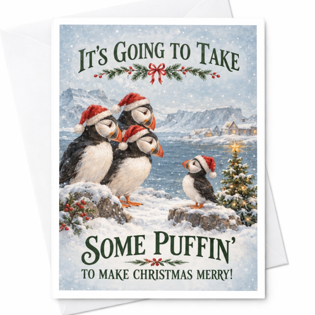 It's Going To Take Some Puffin' To Make Christmas Merry! Cute Puffin Christmas Card Funny Holiday Card For Bird Lover C7858