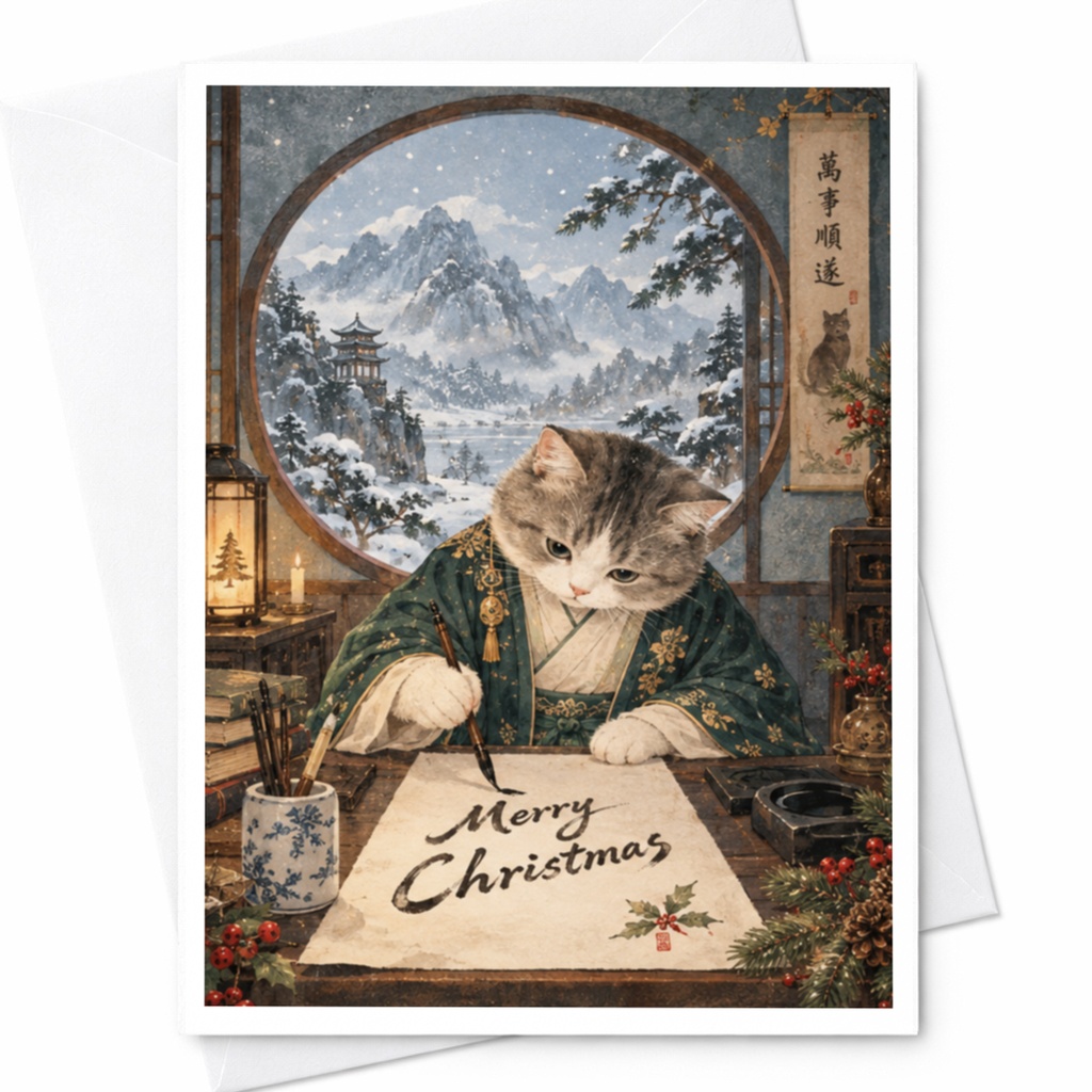 Merry Christmas Cat Writing Card Cute Holiday Greeting Card Winter Scene For Cat Lover Festive Christmas Card C7860