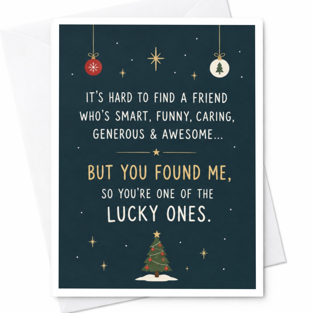 It’s Hard To Find A Friend Who’s Smart, Funny, Caring, Generous & Awesome... Christmas Card For Friend Funny Holiday Greeting Luck C7882