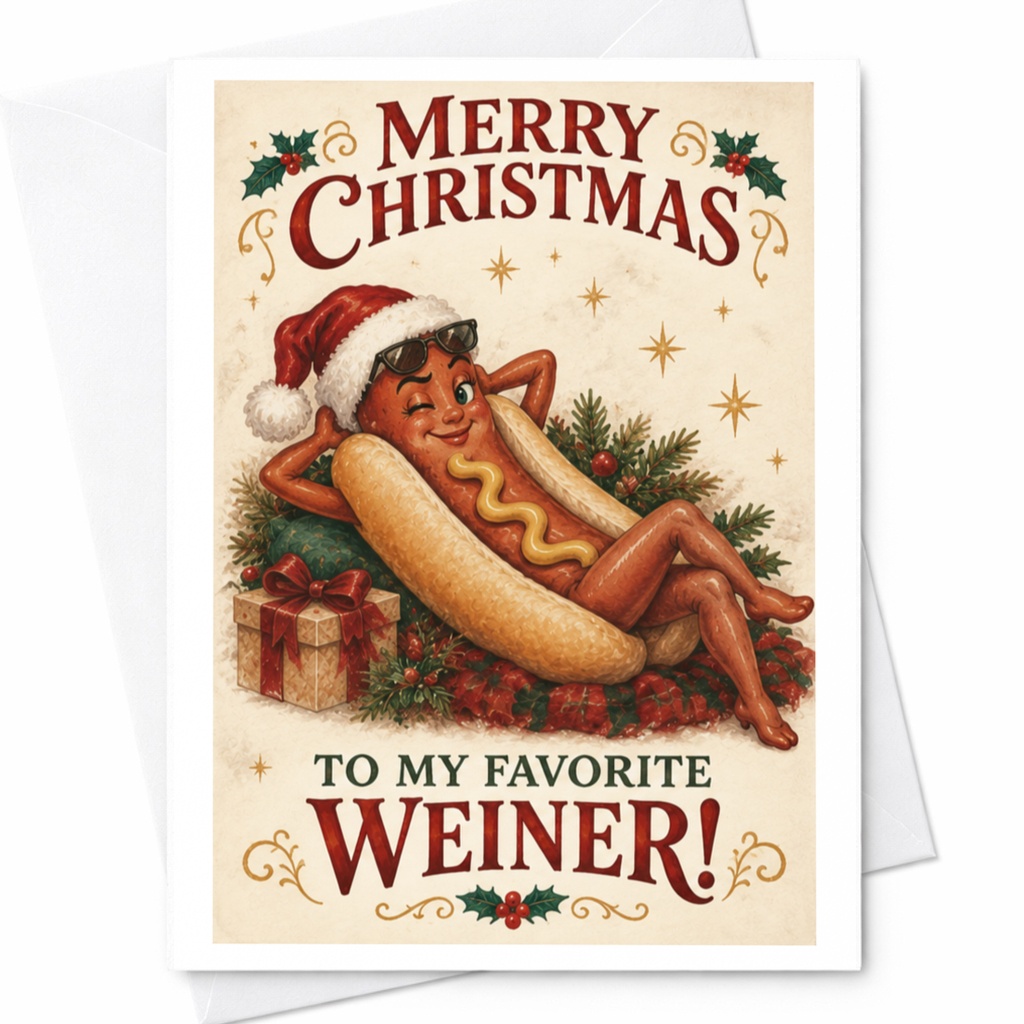 Merry Christmas To My Favorite Weiner! Funny Christmas Card Hotdog Santa Hat Holiday Greeting Card For Him C7885