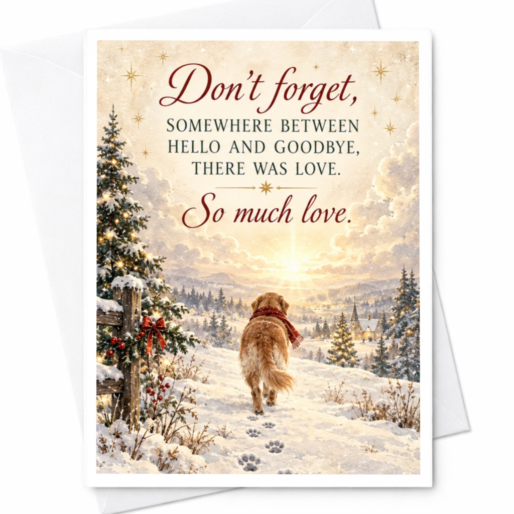 Don't Forget Somewhere Between Hello And Goodbye Sympathy Card So Much Love Dog In Snowy Landscape Comforting Card C7891