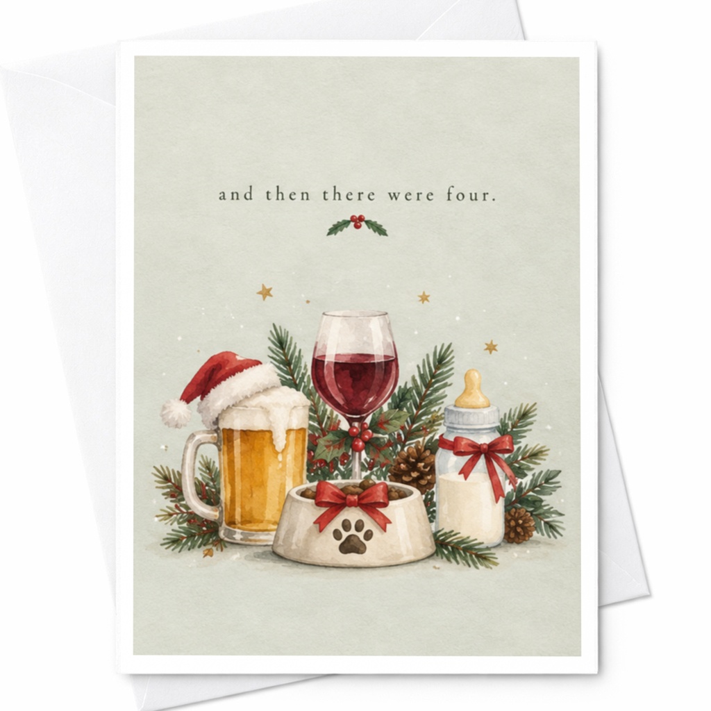 And Then There Were Four. Christmas Card Festive Family Announcement New Baby Dog Lover Holiday Greeting Card Cute C7898