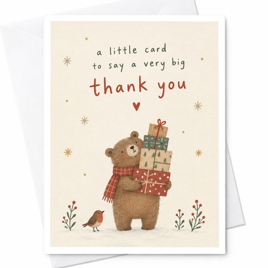 A Little Card To Say A Very Big Thank You Cute Thank You Card Bear With Gifts Illustration Gratitude Card For Friend Family C7905