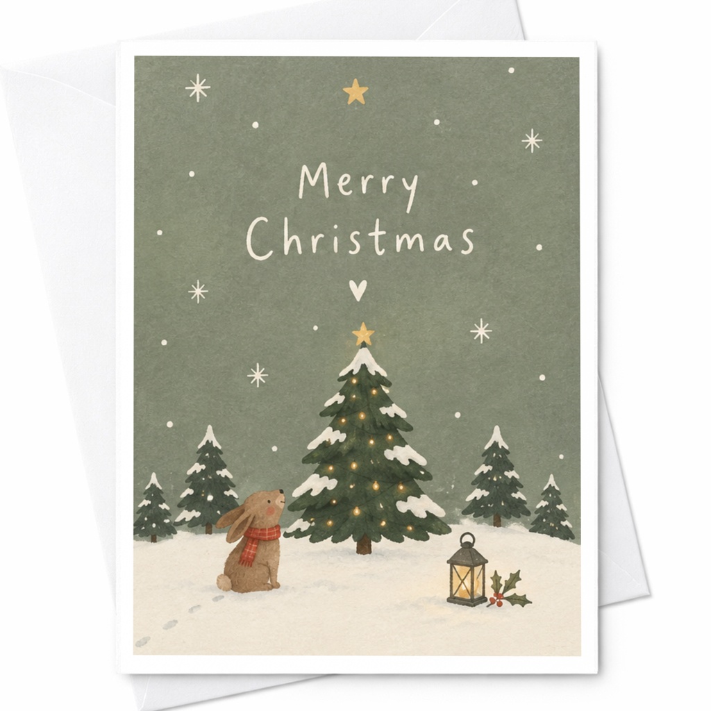 Merry Christmas Cute Christmas Card With Tree And Rabbit Winter Holiday Greeting Card For Family And Friends C7906