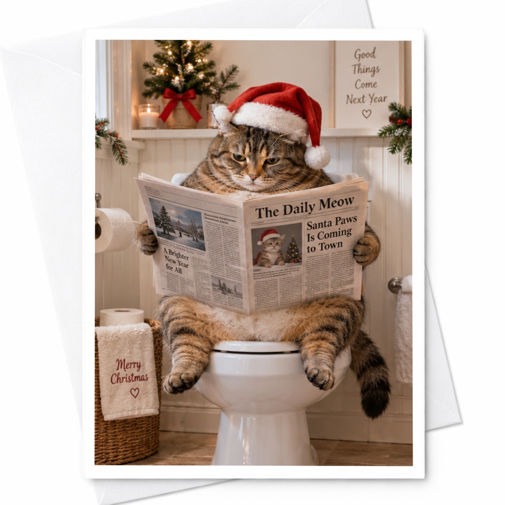 The Daily Meow Funny Christmas Card Cat Reading Newspaper Santa Paws Holiday Cute Animal Card For Cat Lover C7913