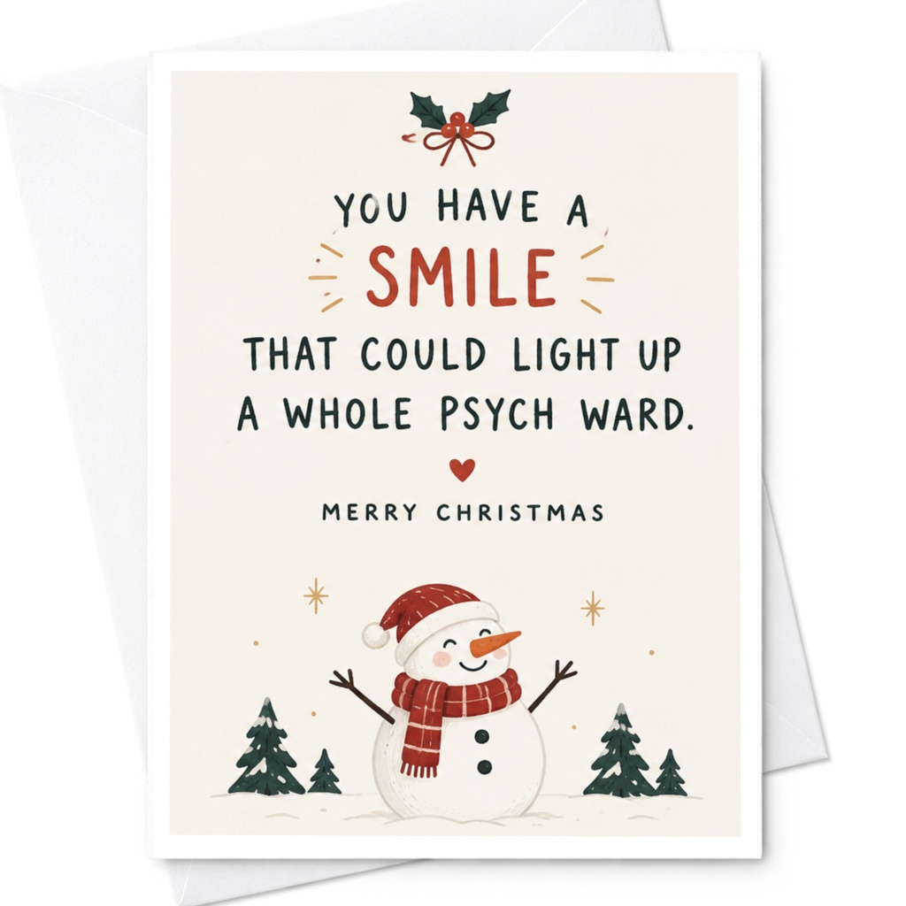 You Have A Smile That Could Light Up A Whole Psych Ward Christmas Card Funny Holiday Greeting Card Cute Snowman For Friend C7917