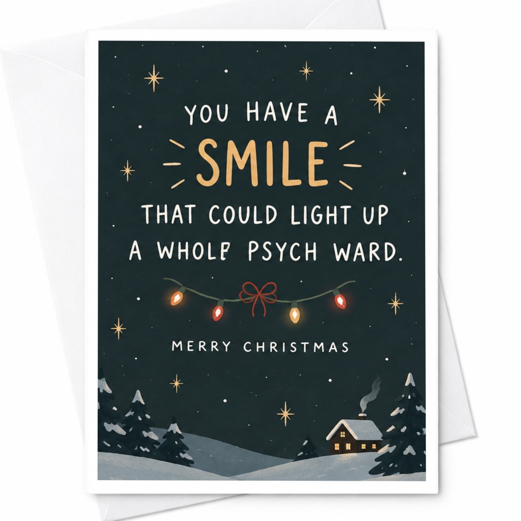 You Have A Smile That Could Light Up A Whole Psych Ward. Merry Christmas Funny Christmas Card Holiday Greeting Card For Friend Cut C7918