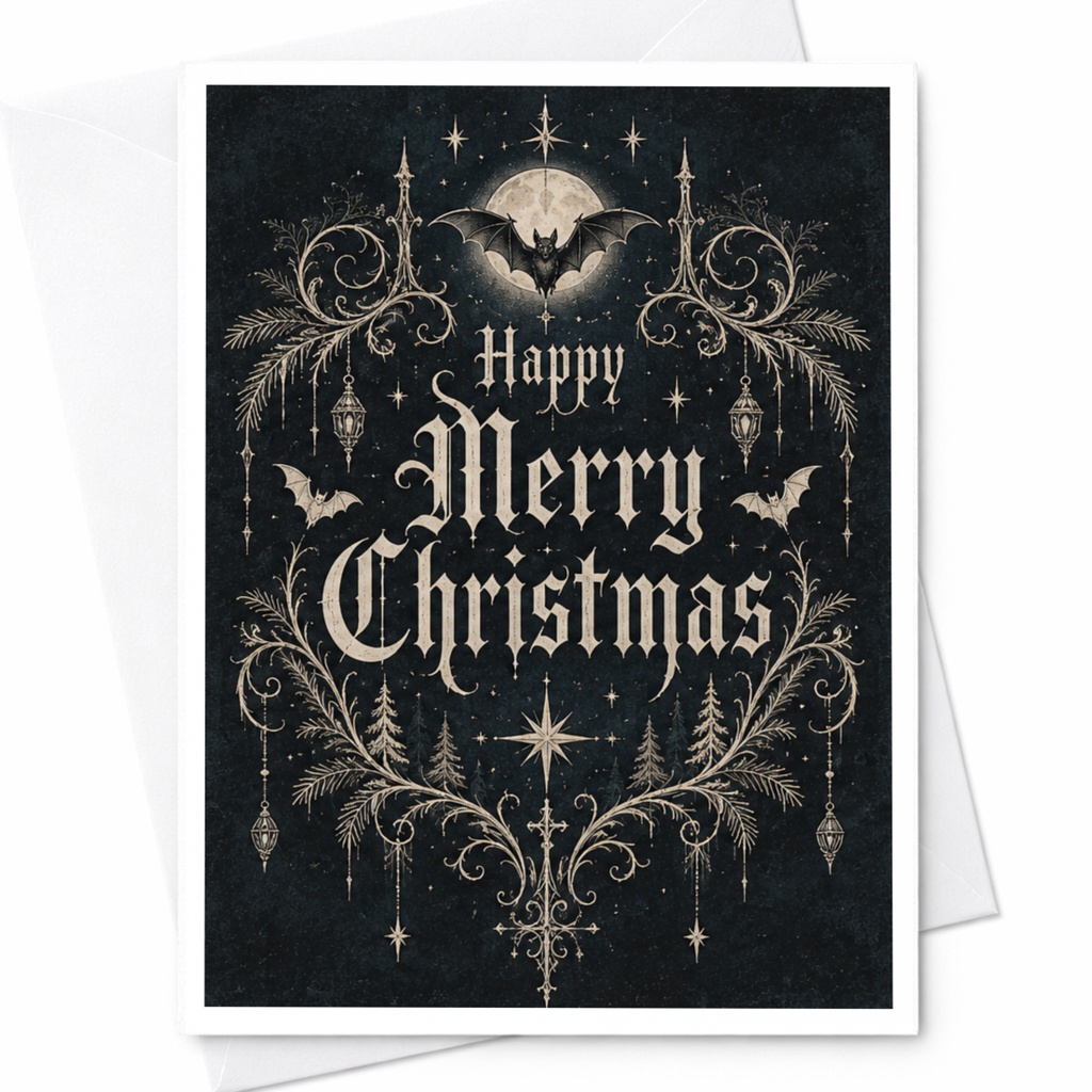 Happy Merry Christmas Gothic Christmas Card Unique Holiday Greeting Card With Bats Moon Dark Aesthetic Festive C7924