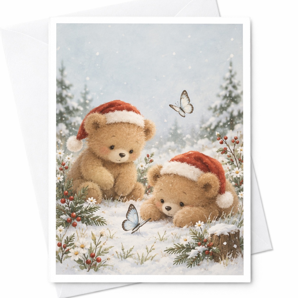 Teddy Bear Christmas Card Cute Holiday Greeting Card Winter Scene With Santa Hats For Kids Family Adorable Festive Card C7928