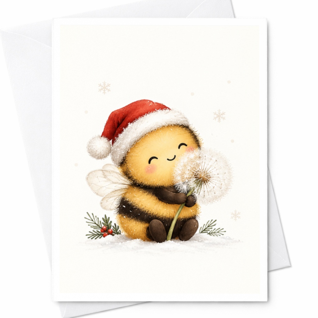 Cute Bee Christmas Card Adorable Santa Hat Dandelion Winter Holiday Greeting Card For Kids Animal Lover Festive Card C7929