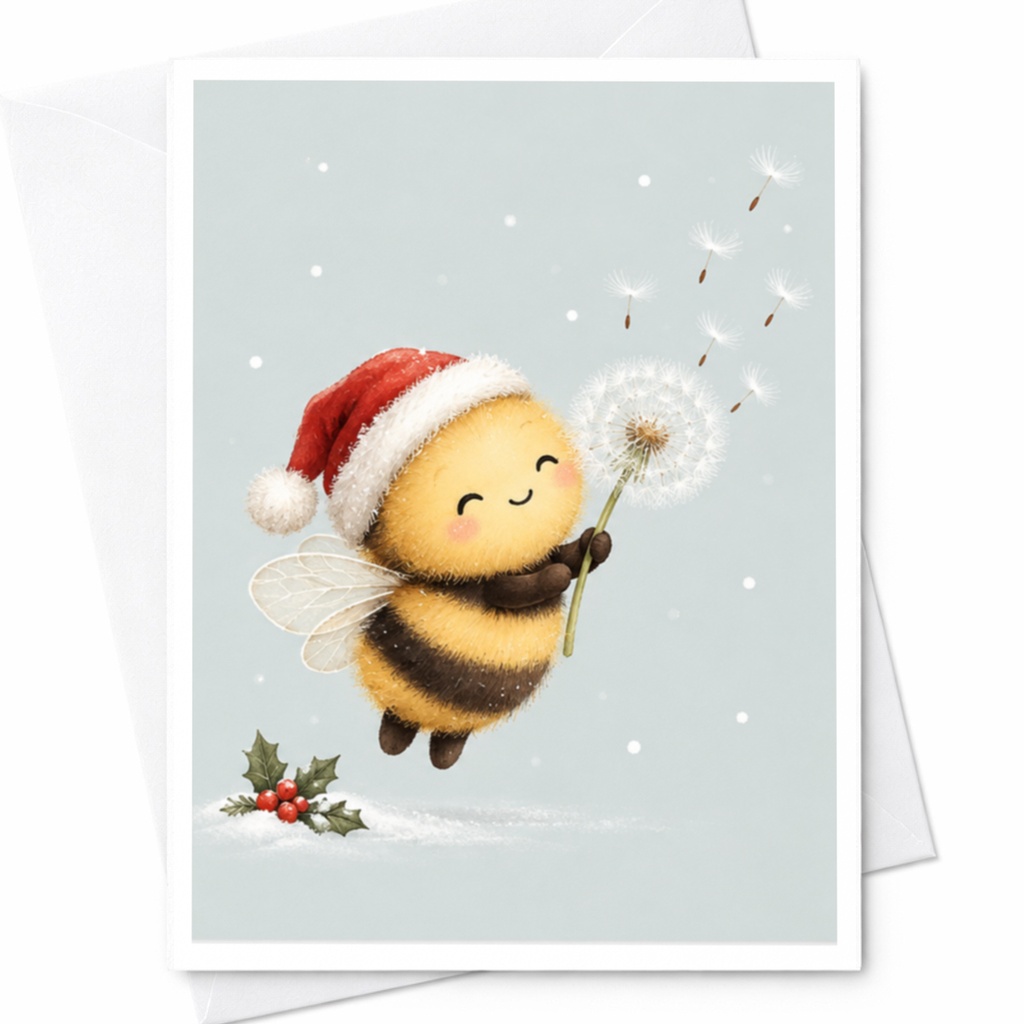 Cute Bee Christmas Card Santa Hat Dandelion Holiday Greeting Card For Kids Animal Lover Adorable Winter Card C7930
