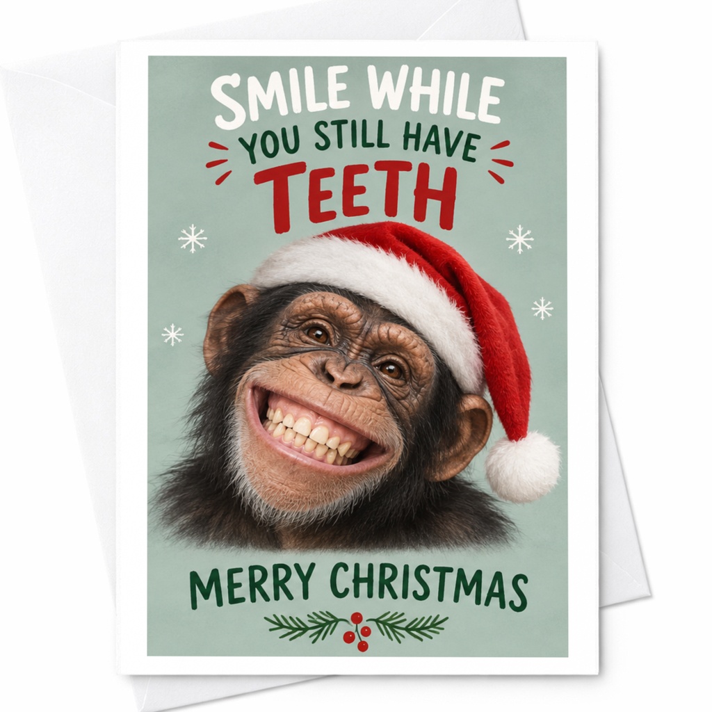 Smile While You Still Have Teeth Merry Christmas Funny Christmas Card Chimpanzee Santa Hat Holiday For Friends Family C7932