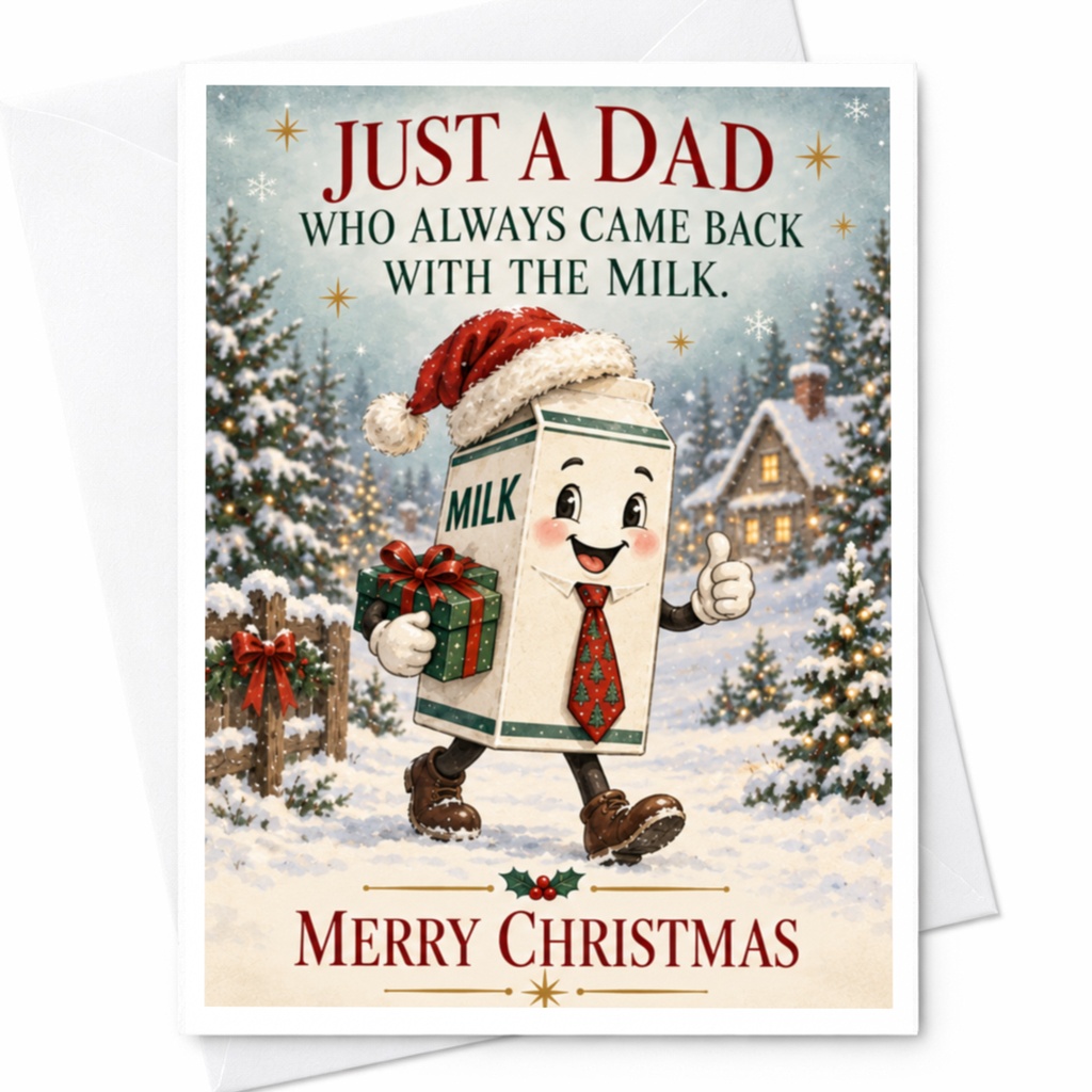Just A Dad Who Always Came Back With The Milk. Merry Christmas Funny Christmas Card Dad Holiday Greeting Card Cute Festive Card C7934