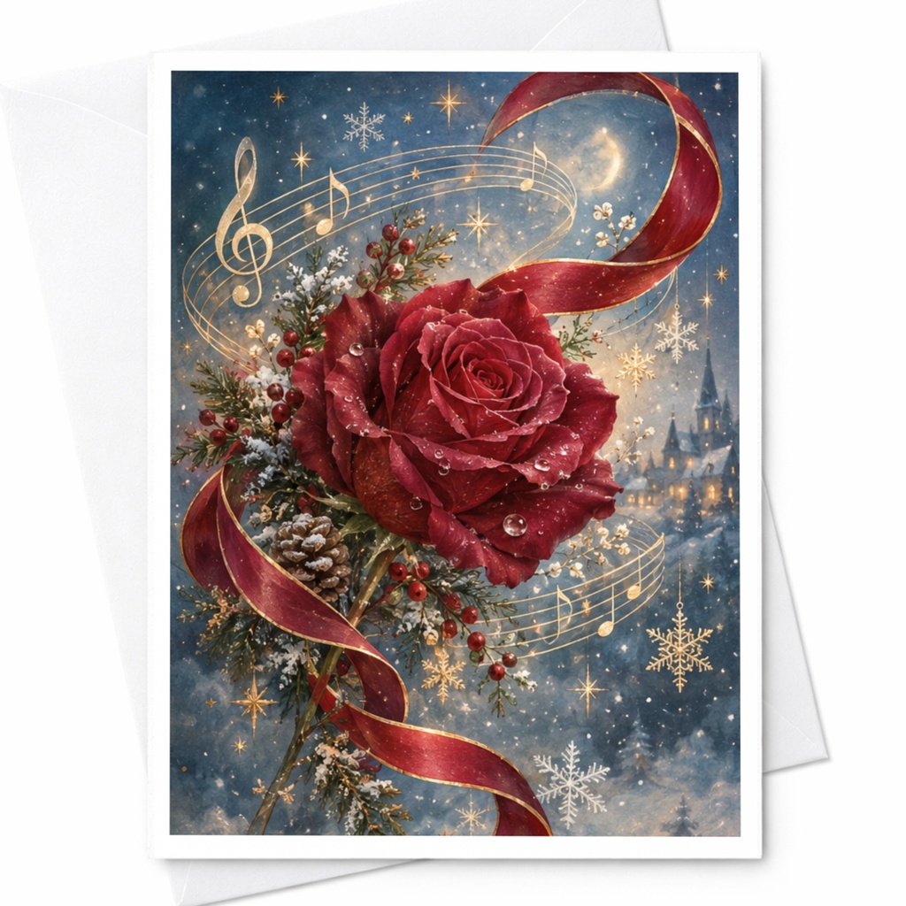 Red Rose Christmas Card Musical Notes Snowflakes Holiday Greeting Card Winter Floral For Her Elegant Seasonal Card C7936