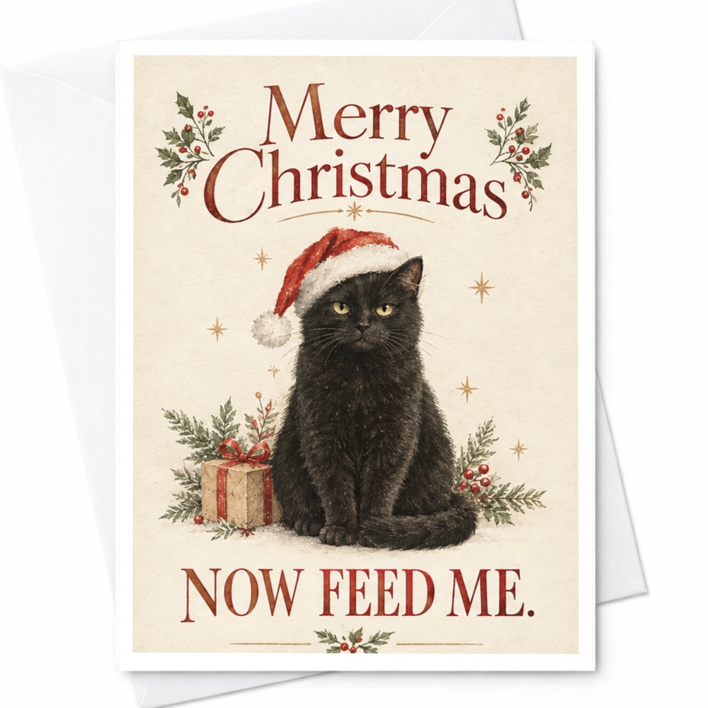 Merry Christmas Now Feed Me Funny Cat Christmas Card Cute Holiday Greeting Card For Cat Lover Xmas Card C7939