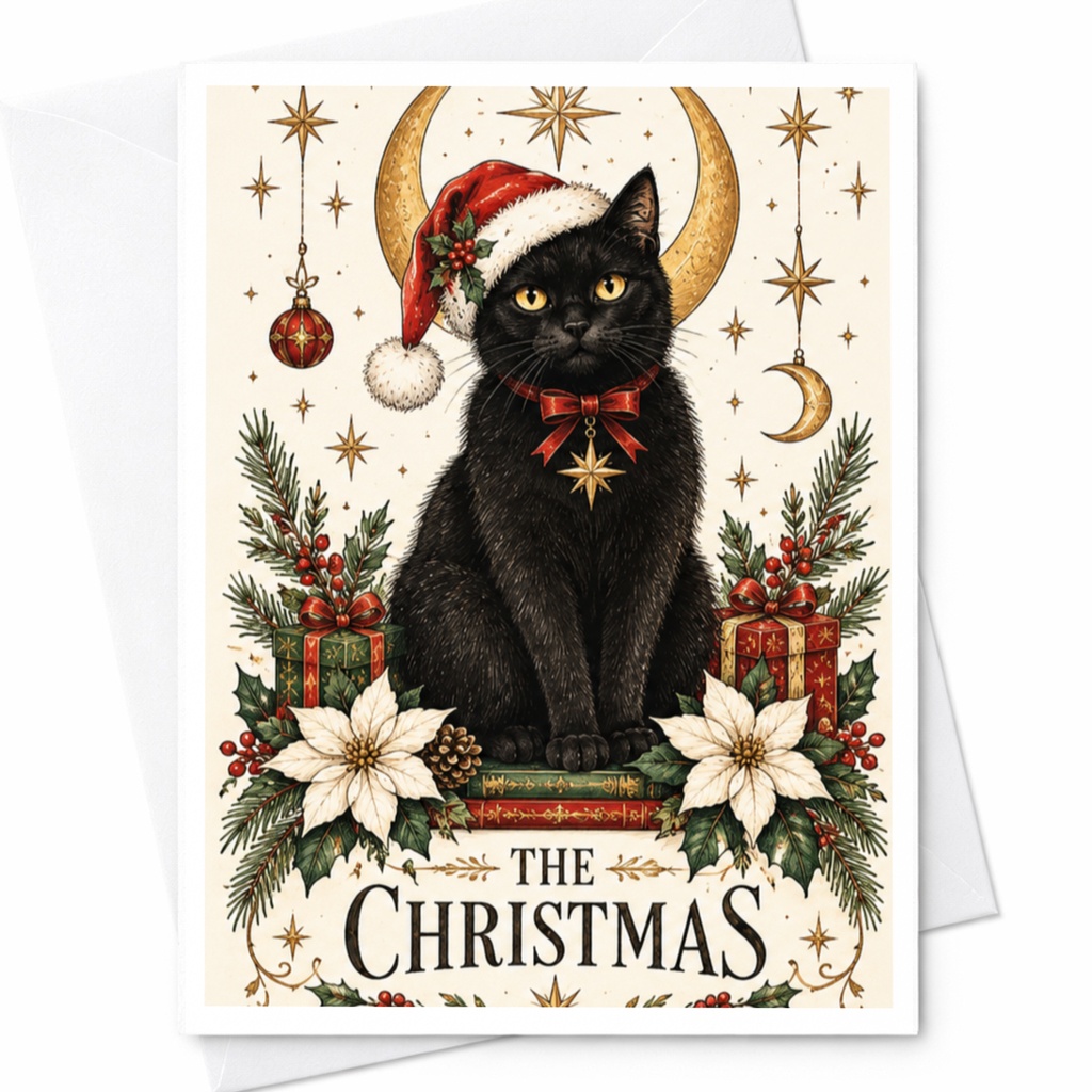The Christmas Black Cat Christmas Card Festive Holiday Greeting Card Cute Cat Lover Xmas Card With Santa Hat And Gifts C7941