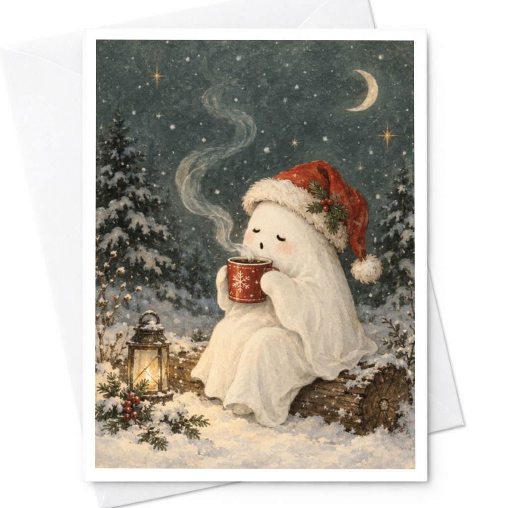 Ghost Christmas Card Cute Winter Scene Santa Hat Hot Cocoa Holiday Greeting Card For Friend Cozy Festive Illustration C7944