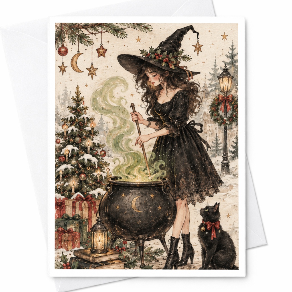 Witch Christmas Card Enchanting Holiday Greeting Card With Cauldron And Cat Winter Scene For Magic Lover C7945