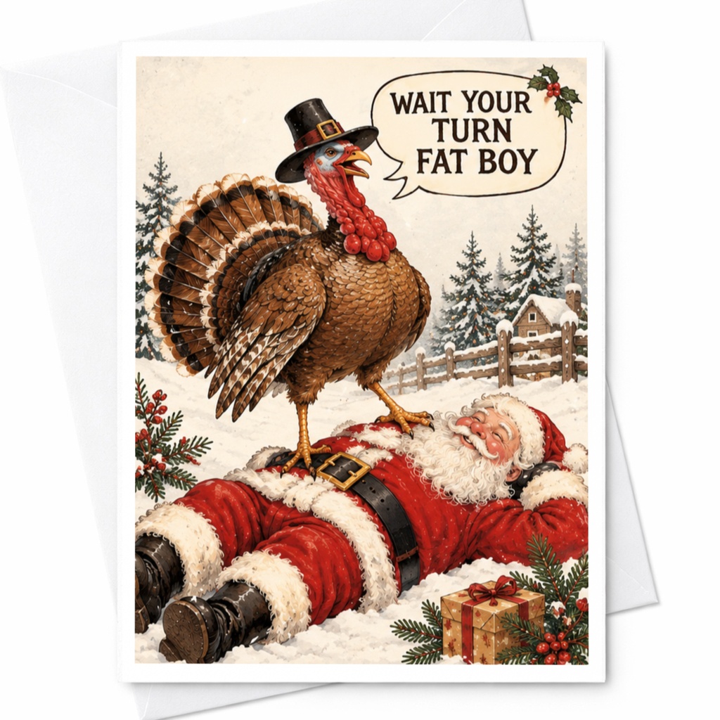 Wait Your Turn Fat Boy Funny Christmas Card Turkey Santa Holiday Greeting Card For Him Her Cute Festive Card C7947
