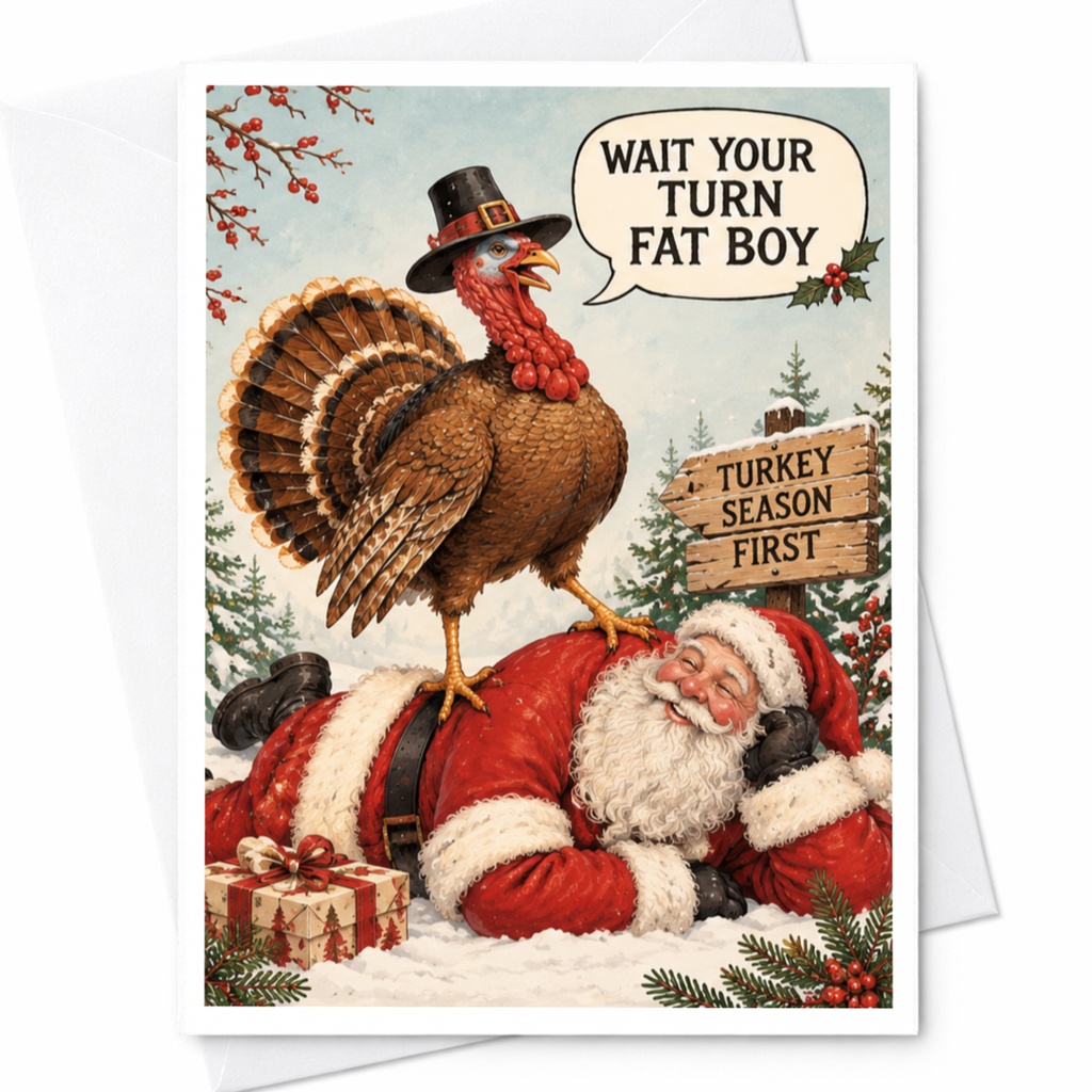 Wait Your Turn Fat Boy Funny Thanksgiving Card Turkey And Santa Holiday Greeting Card For Friends Family C7948