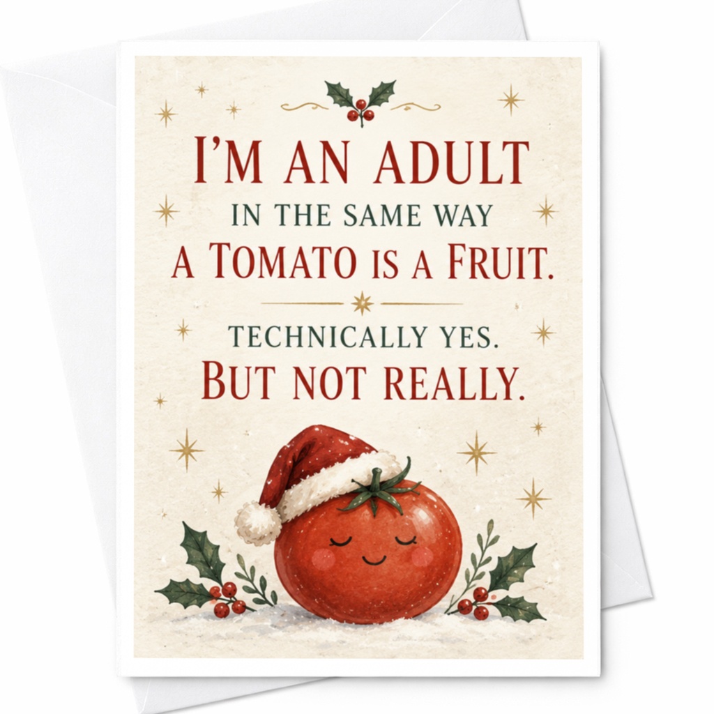 I'm An Adult In The Same Way A Tomato Is A Fruit. Technically Yes. But Not Really. Funny Christmas Card Tomato Santa Hat C7949