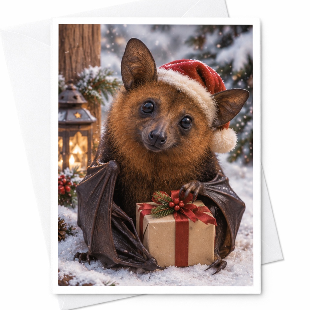 Cute Bat Christmas Card Santa Hat Holiday Greeting Card Animal Lover Festive Winter Scene Adorable Gift Card For Her C7919