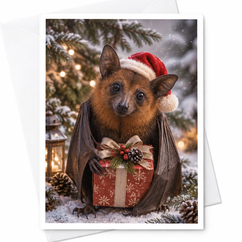 Bat Christmas Card Cute Animal Holiday Greeting Card Santa Hat Gift Winter Scene For Animal Lover Festive Seasonal Card C7920