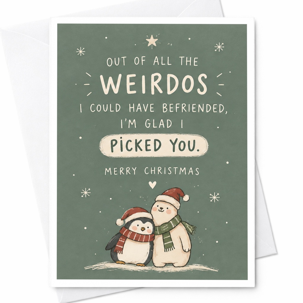 Out Of All The Weirdos I'm Glad I Picked You Merry Christmas Card Cute Penguin Bear Winter Holiday Card For Friend Funny C7922