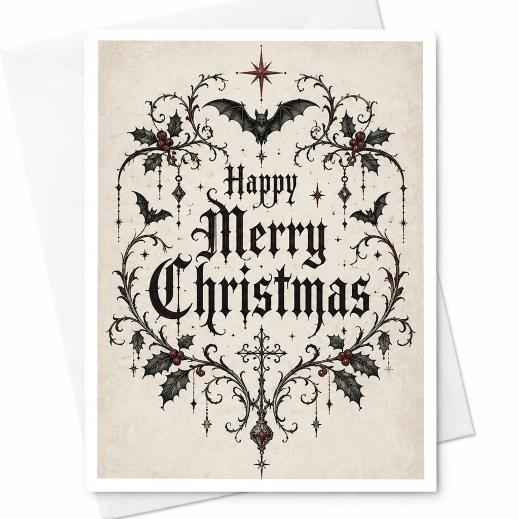 Happy Merry Christmas Gothic Christmas Card Bats Holly Unique Holiday Greeting Card For Friends Family Dark Christmas C7923