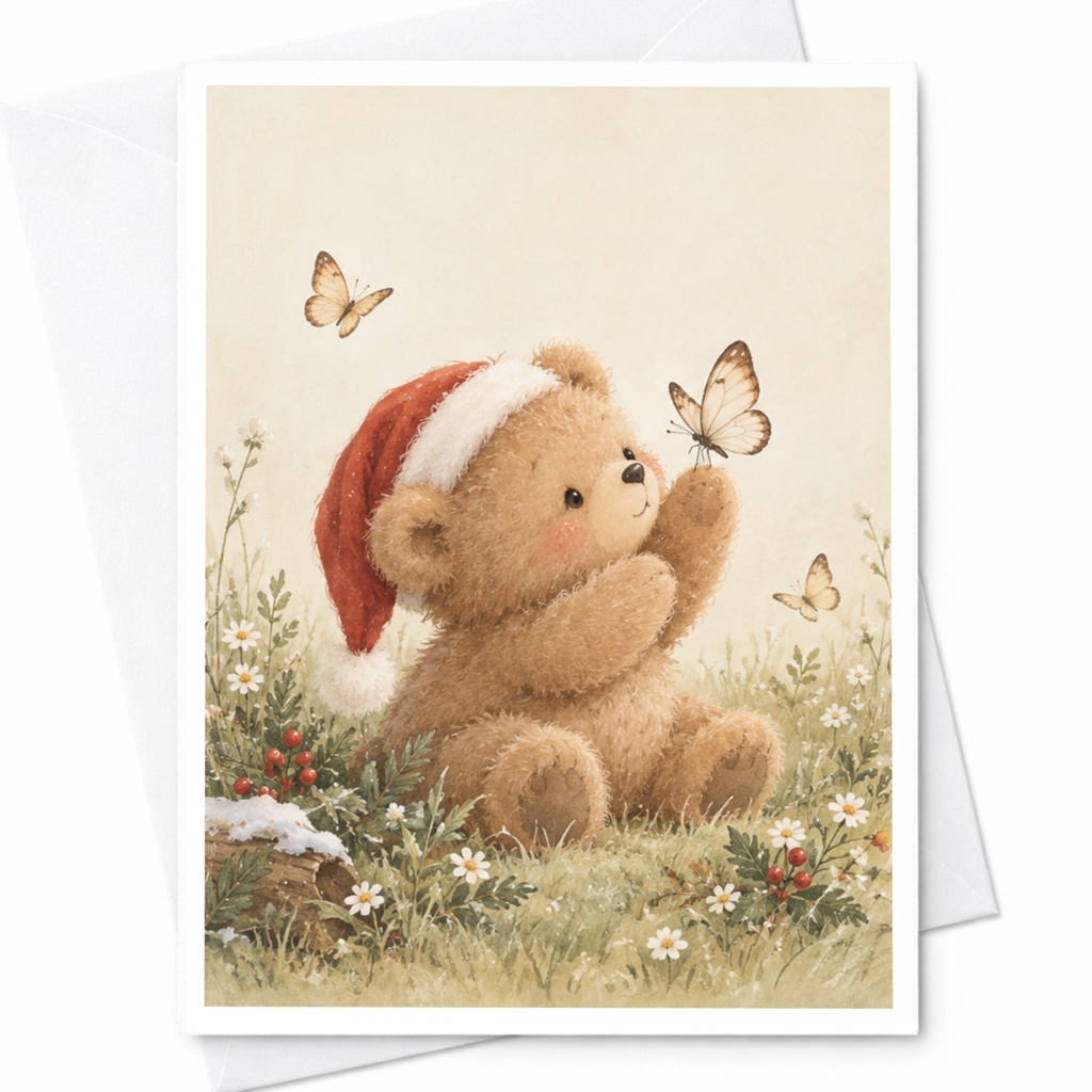 Teddy Bear Christmas Card Cute Holiday Greeting Card With Santa Hat And Butterflies For Kids And Animal Lovers C7927