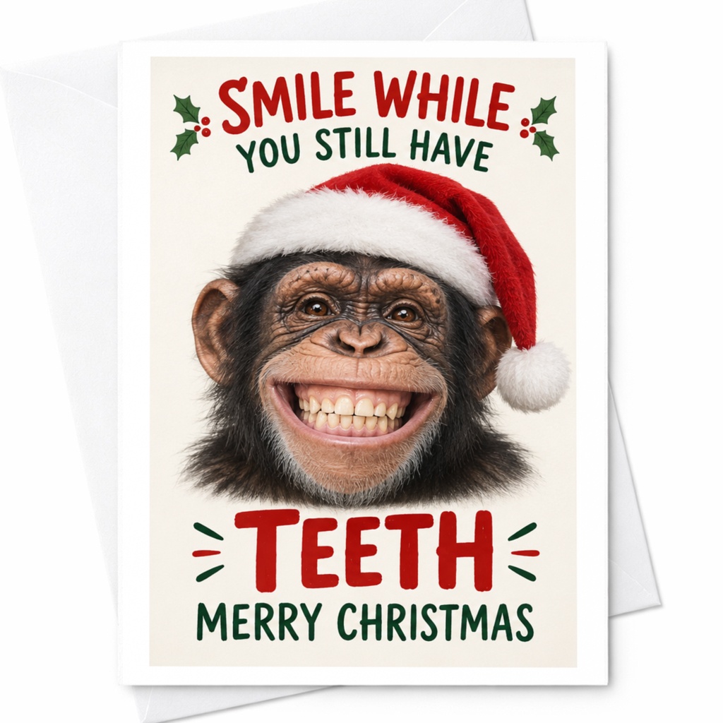 Smile While You Still Have Teeth Merry Christmas Funny Christmas Card Chimpanzee Santa Hat Holiday Greeting Card C7931
