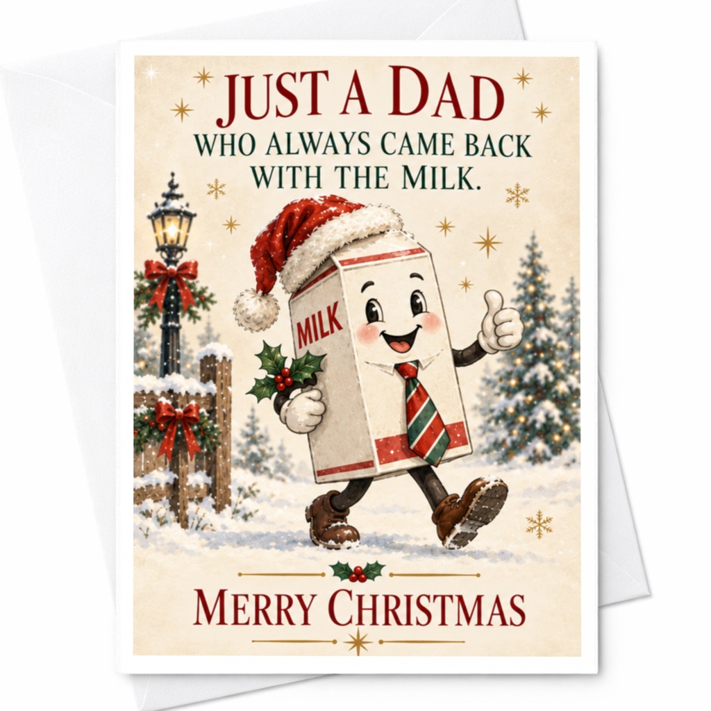Just A Dad Who Always Came Back With The Milk. Merry Christmas Funny Christmas Card For Dad Cute Holiday Greeting Card From Kids C7933