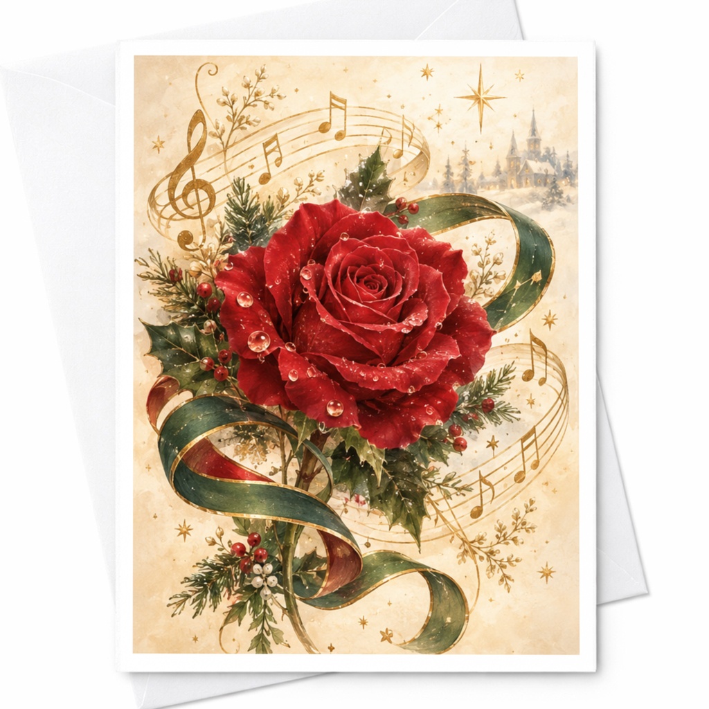 Red Rose Christmas Card Musical Notes Holiday Greeting Card Festive Floral Elegant Seasonal Card For Her C7935