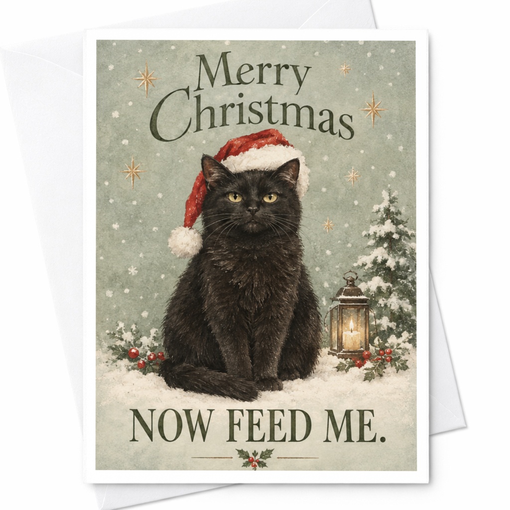 Merry Christmas Now Feed Me Funny Cat Christmas Card Cute Holiday Greeting For Cat Lover With Santa Hat C7940