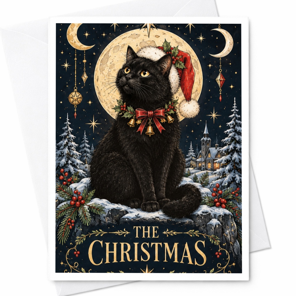 The Christmas Black Cat Christmas Card Festive Holiday Greeting Card Cute Cat Lover Card Winter Scene Santa Hat C7942