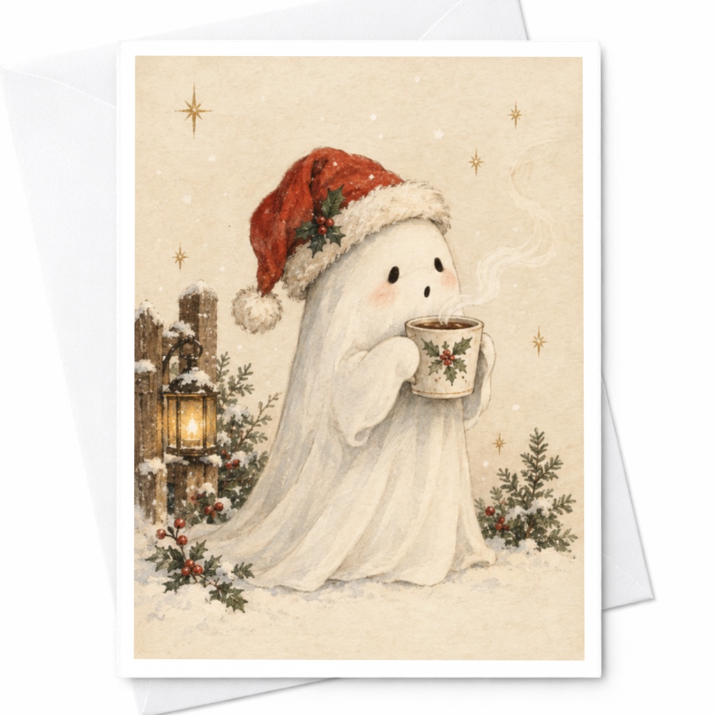 Ghost With Santa Hat Christmas Greeting Card Cute Holiday Card Winter Scene For Friend Cozy Festive Card C7943