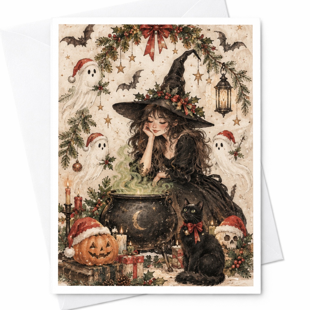 Witch With Cauldron Halloween Greeting Card Black Cat Ghosts Spooky Holiday Card For Her Cute Witchy Art C7946