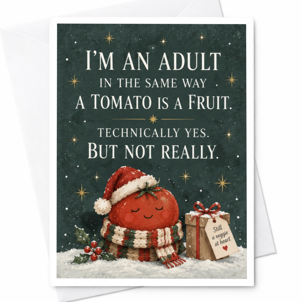 I'm An Adult In The Same Way A Tomato Is A Fruit Christmas Card Funny Holiday Greeting Card Cute Tomato For Friend C7950