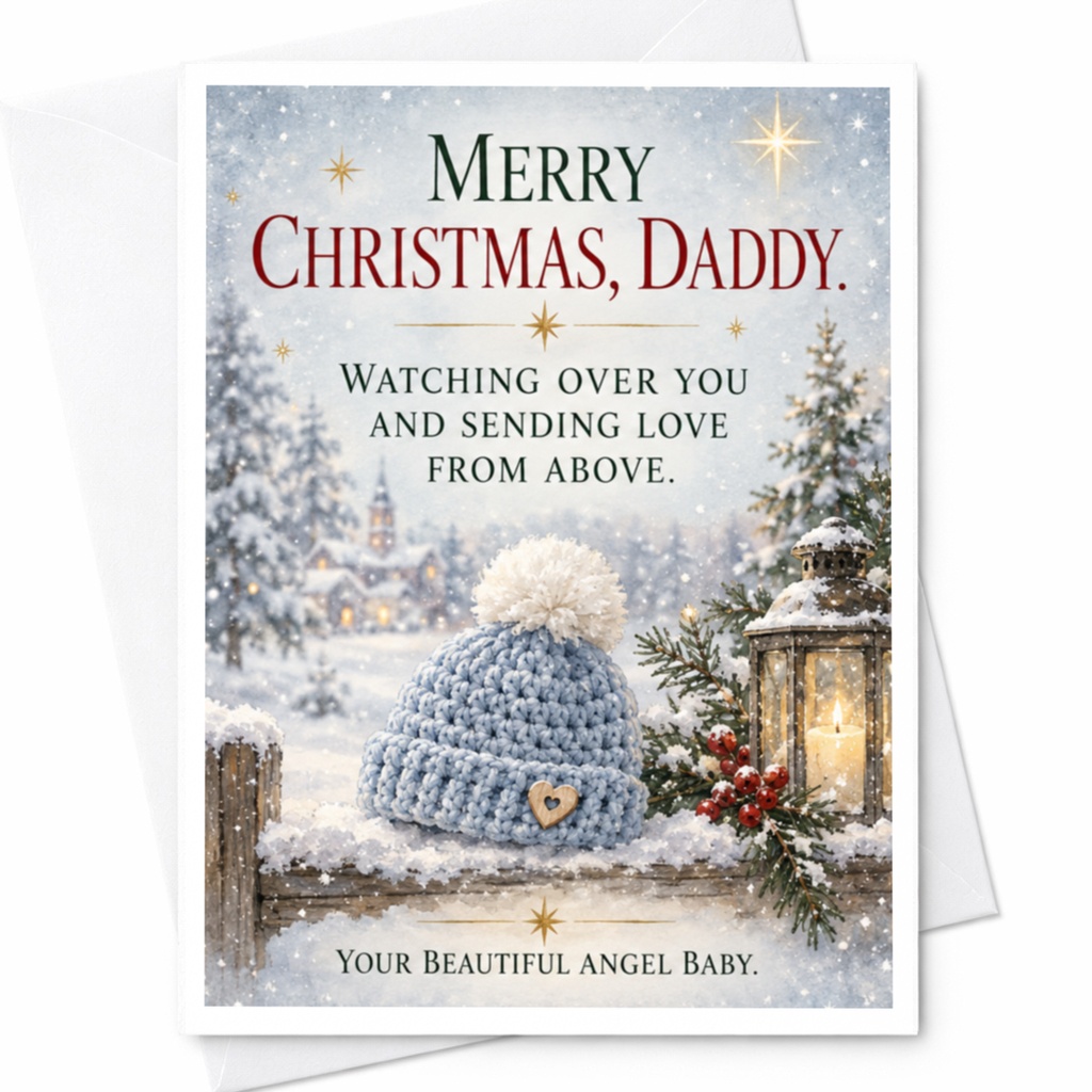 Merry Christmas, Daddy. Watching Over You And Sending Love From Above Christmas Card From Angel Baby Winter Scene C7955